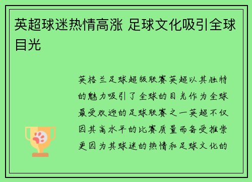 英超球迷热情高涨 足球文化吸引全球目光